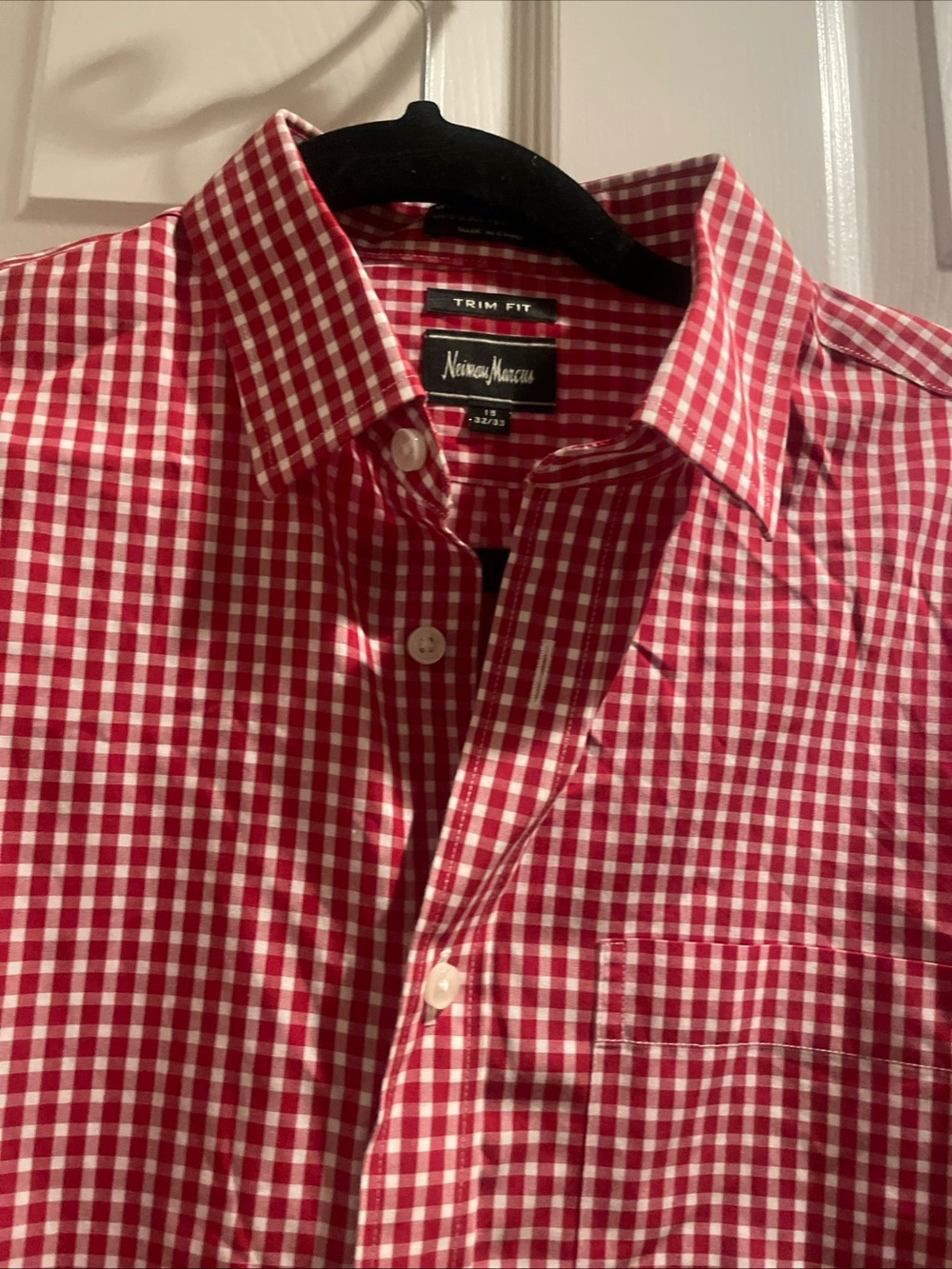 Neiman Marcus Red and White Gingham Trim Fit Button-Down Shirt